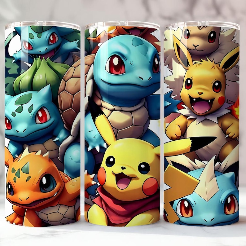 May include: Three stainless steel tumblers featuring colorful cartoon characters. The designs include a variety of creatures in shades of blue, orange, yellow, and green. Each tumbler has a different design, showcasing the characters in a vibrant and playful style.