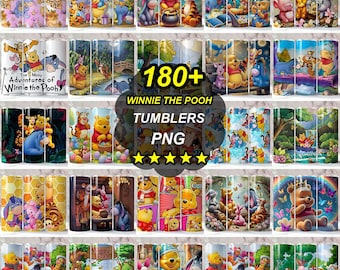 May include: A collection of Winnie the Pooh themed tumblers. The tumblers feature various scenes and characters from the beloved children's series. The image includes the text "180+ Winnie the Pooh Tumblers PNG".