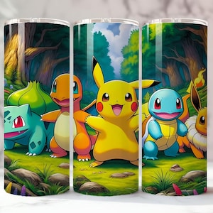 May include: Three stainless steel tumblers featuring a vibrant illustration of several Pok&eacute;mon characters in a forest setting. The characters include Pikachu, Charmander, Squirtle, Bulbasaur, and Eevee, set against a backdrop of trees and green grass.