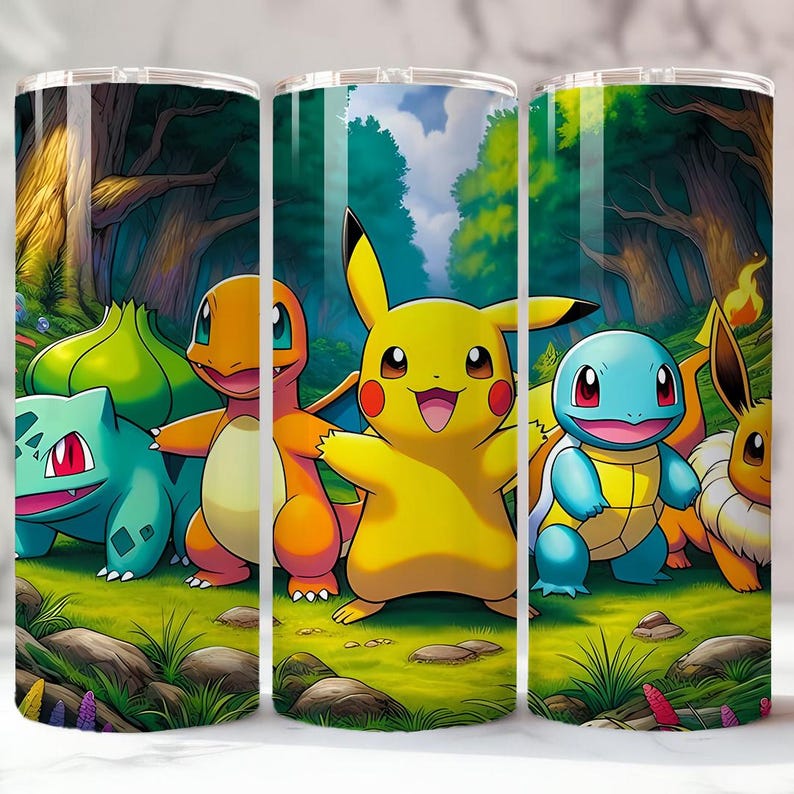 May include: Three stainless steel tumblers featuring a vibrant illustration of several Pok&eacute;mon characters in a forest setting. The characters include Pikachu, Charmander, Squirtle, Bulbasaur, and Eevee, set against a backdrop of trees and green grass.
