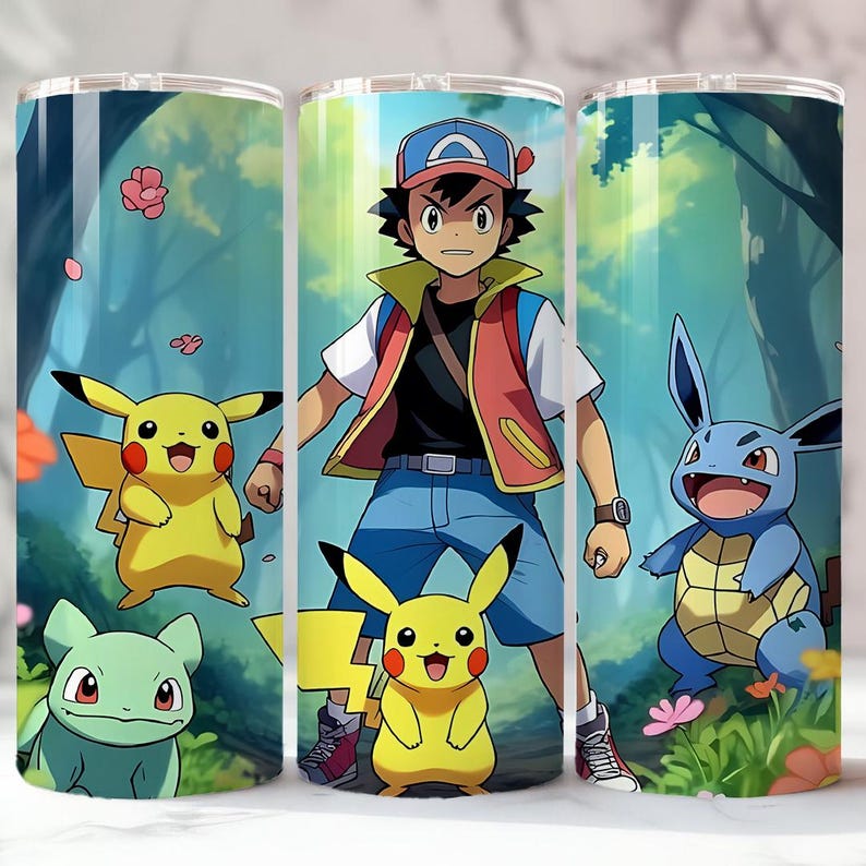 May include: Three stainless steel tumblers featuring a vibrant design with characters from the popular animated series. The design includes a central figure in a red and blue outfit, surrounded by cartoon creatures in a forest setting.