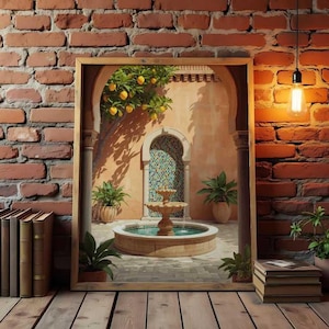 Moroccan Riad Wall Art, Courtyard Fountain Print, Zellige Tile Decor, Lemon Tree Poster,  Wall Decor, Printable Wall Art, Digital Download