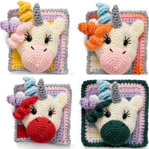 May include: Four crocheted unicorn faces with different colored manes and square backgrounds. Each unicorn has a cream-colored face, a pink nose, and black eyelashes. The manes are yellow, orange, red, and green. The backgrounds are rainbow-colored.