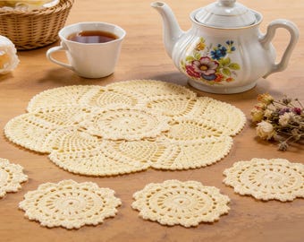 Tea Party Crochet Pattern PDF, Doily and Coaster Set, Instant Download