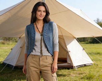 Modello per gilet all'uncinetto tunisino Calisto, gilet lavorato a maglia con punto a sbuffo (download PDF)