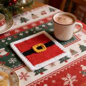 Könnte beinhalten: Ein quadratischer, rot gehäkelter Untersetzer mit schwarzem Gürtel und gelber Schnalle, der dem Anzug des Weihnachtsmanns ähnelt. Der Untersetzer hat einen weißen Rand. Eine Tasse heiße Schokolade steht in der Nähe auf einer weihnachtlichen Tischdecke.