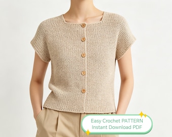 Häkel Top mit Knöpfen PDF Muster, Gehäkelte Bluse, Sommer Bluse mit Knöpfen, Damen XS-5XL