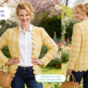 Women Crochet Jacket Pattern, Relaxed Fit, Continuous Box Trim, Sizes S-3XL,(PDF Download)