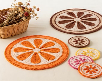 Set da tavola Citrus Drops, schema all'uncinetto in PDF, tovaglietta e sottobicchiere, livello intermedio, download immediato