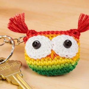 May include: A handmade, crocheted owl keychain in vibrant rainbow colors. The owl has large white eyes with black button pupils and red tufts. Attached to a silver keyring with gold keys.