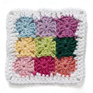 May include: A square, handmade crochet piece featuring nine colorful squares in pastel shades of blue, yellow, pink, green, and purple, surrounded by a white border. The crochet pattern is a classic granny square design.