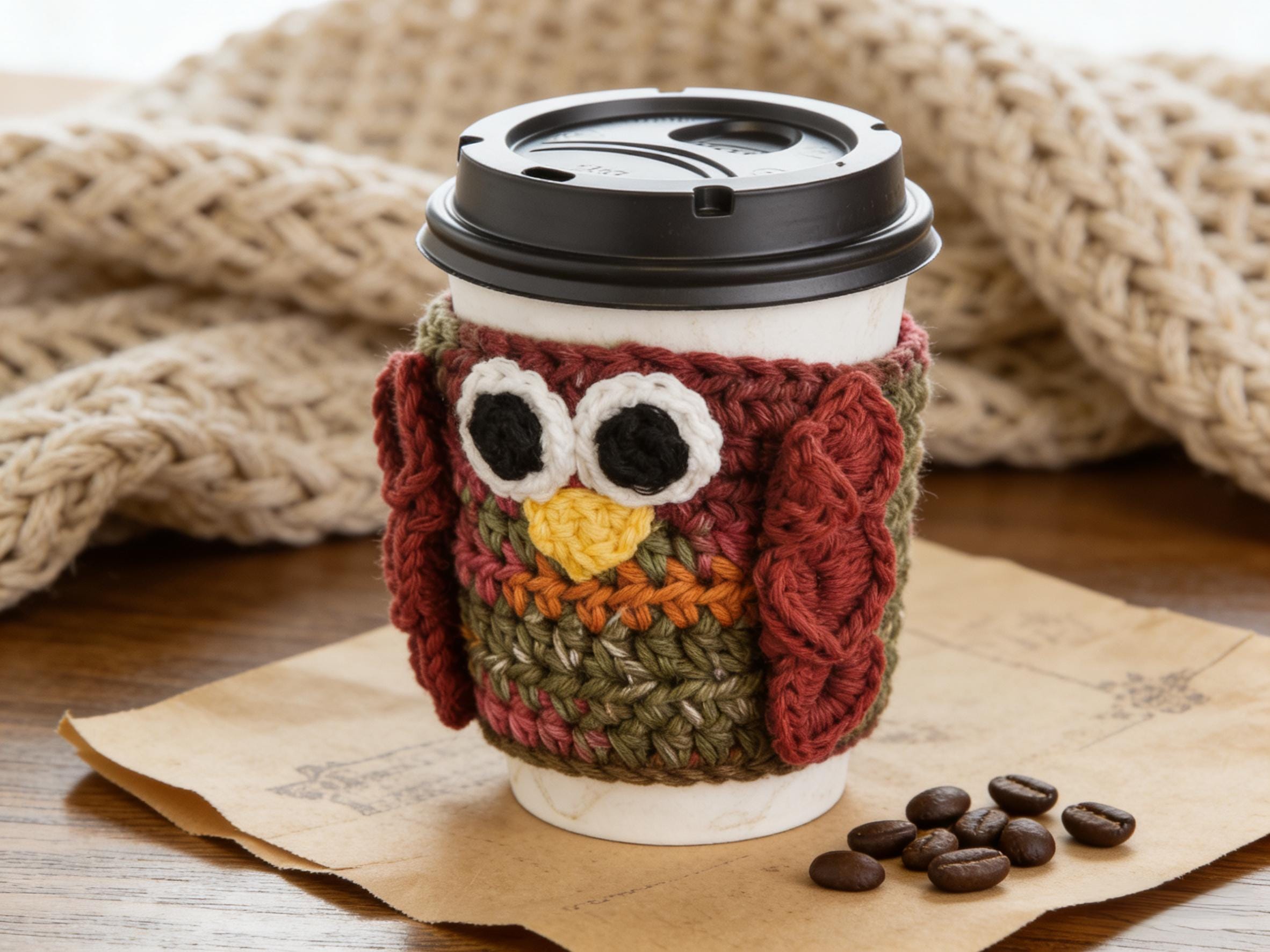 Owl Cup Cover,Crochet Pattern PDF,Coffee Sleeve,Easy Crochet,Reusable Cozy,Instant Download