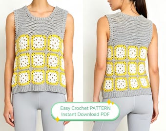 Grandma Square Häkeltop PDF, Vintage Häkeltop, Boho Grandma Square Shirt, Frauen XS-5XL