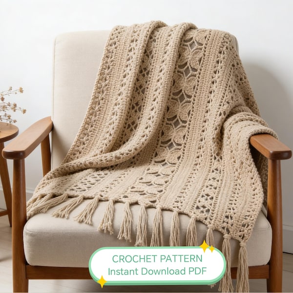 Coperta con farfalle e fiori, modello per coperta all'uncinetto in PDF, coperta moderna con trama, download immediato