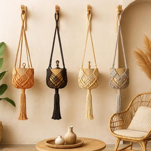 May include: Four macrame plant hangers in shades of orange, black, beige, and gray, each with a tassel. The hangers are suspended from wooden wall hooks. A wicker chair and decorative items are in the background.