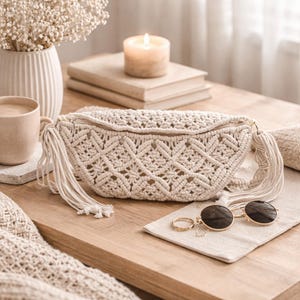 May include: Cream-colored macrame fanny pack with a geometric pattern and long tassels. The bag has a zipper closure and is displayed on a wooden surface with sunglasses and jewelry. A lit candle and a cup of coffee are also visible.