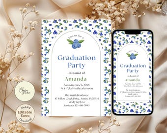 Invitación para fiesta de graduación de la escuela secundaria Blueberry, plantilla editable de Canva (descarga digital)