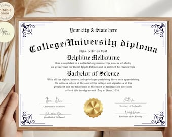 Plantilla de diploma universitario, certificado con sello dorado imprimible, réplica de graduación editable, diseño personalizado