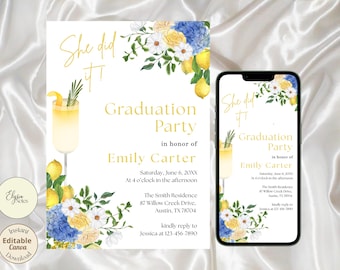 Plantilla de invitación digital para fiesta de graduación con hortensias azules y limones.
