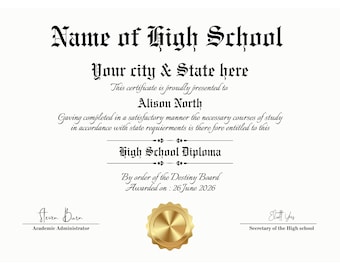 Plantilla de diploma de bachillerato, certificado con sello dorado editable, réplica de graduación imprimible, diseño personalizado