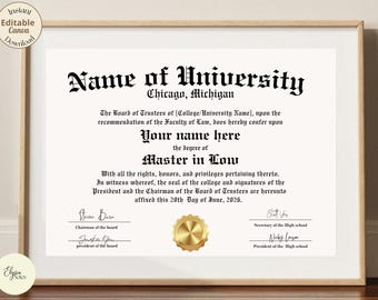 Plantilla de diploma universitario con insignia de sello dorado, diseño de sello llamativo, editable en Canva e imprimible.