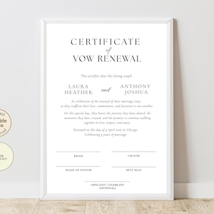 May include: A framed certificate for a vow renewal, featuring the text "Certificate of Vow Renewal." The names Laura Heather and Anthony Joshua are displayed prominently. The certificate includes lines for Bride, Groom, Made of Honor, and Best Man.