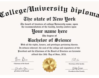 Plantilla de diploma universitario, certificado editable con sello dorado, réplica imprimible de graduación, diseño personalizado para la promoción de 2026