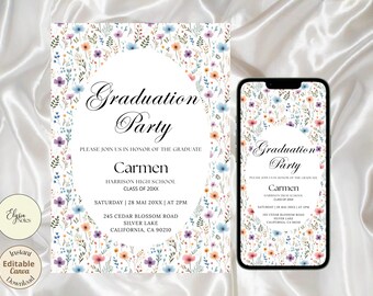 Plantilla de invitación para fiesta de graduación con estampado de flores silvestres, invitación digital editable.