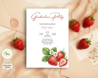 Invitación digital para fiesta de graduación con diseño de fresas y bayas en acuarela, descarga para instituto.