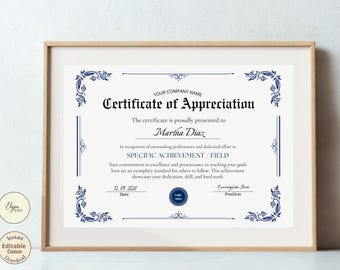 Plantilla de certificado de beca azul, premio formal para estudiantes, editable en Canva
