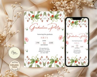 Plantilla imprimible para invitación de graduación de secundaria con marco floral de fresas, 2026