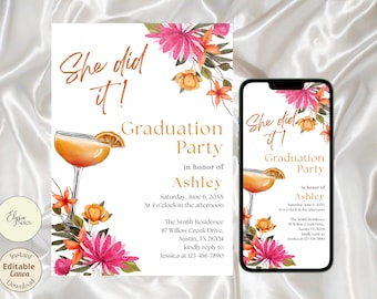 Plantilla de invitación para fiesta de graduación con flores tropicales y cóctel naranja, editable. Evite