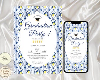 Plantilla de invitación para fiesta de graduación con estampado de limones y rayas azules, para móvil. Evite.