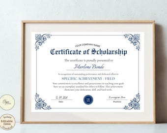 Plantilla de certificado de beca, premio con escritura elegante, editable en Canva