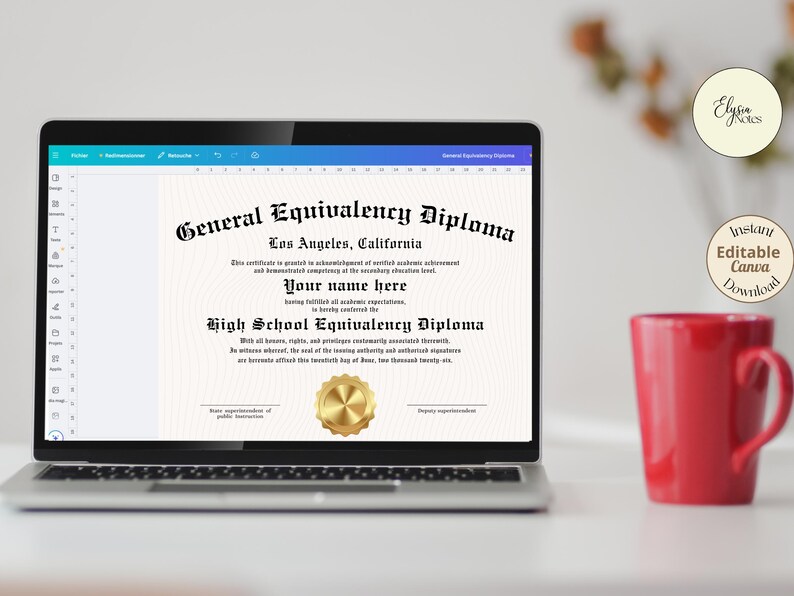 Editable GED Certificate Template, Gold Seal Diploma Style, Printable