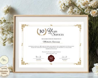 Plantilla de certificado de años de servicio, premio editable para empleados, descarga digital, obsequio de reconocimiento.