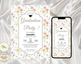 Plantilla de invitación para fiesta de graduación con estampado de amapolas en tonos pastel, editable para móviles.
