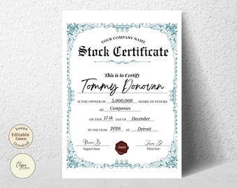Plantilla de certificado de acciones ornamentado color turquesa en Canva, certificado de acciones vintage, certificado de propiedad editable, premio de acciones empresariales imprimible