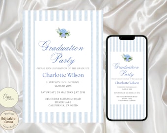 Plantilla de invitación digital para fiesta de graduación con estampado de hortensias azules, diseño de rayas.