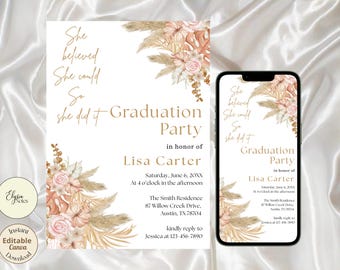 Invitación de graduación con temática floral tropical bohemia, plantilla editable para Evite.