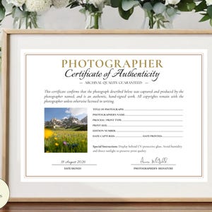 Echtheitszertifikat für Fotografen, bearbeitbares Canva COA-Download, archivierbare Kunstprovenienz, druckbares Geschäftsdokument für Verkäufer