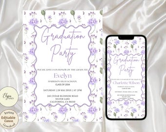 Invitación a fiesta de graduación con estampado de hortensias moradas, plantilla editable de Evite.
