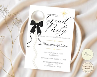Plantilla de invitación para fiesta de graduación con lazo de perlas, elegante invitación de graduación en Canva