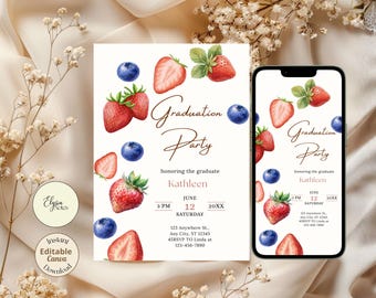 Invitación de graduación de secundaria con fresas y arándanos, plantilla Canva para la promoción de 2026