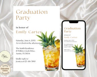 Plantilla de invitación para fiesta de graduación con cóctel de piña, editable para móviles.