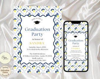 Plantilla de invitación para fiesta de graduación con estampado de enrejado de limones, editable. Evite
