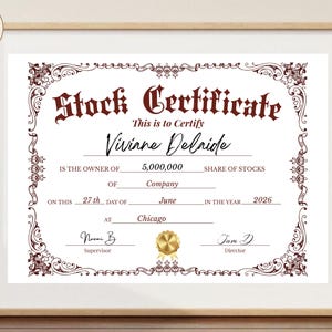 Puede incluir: Una plantilla de certificado de acciones con bordes ornamentados de color rojo oscuro y el texto Stock Certificate, This is to Certify, Viviane Delaide, 5,000,000 share of stocks, Company, 27th day of June, 2026, Chicago, Supervisor y Director.