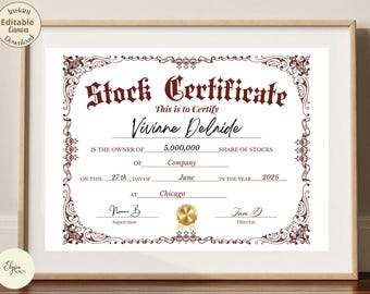 Plantilla de certificado de acciones vintage, estilo grabado, imprimible en Canva