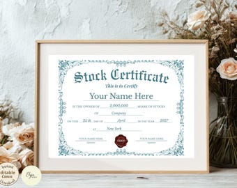 Plantilla de certificado de acciones, certificado de acciones editable e imprimible, regalo de acciones corporativas, descarga de certificado DIY