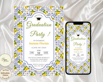 Plantilla de invitación para fiesta de graduación con estampado de limones y azulejos, invitación digital editable.